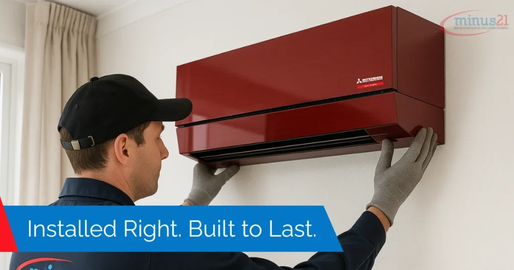 Technician installs a red Mitsubishi air conditioner unit in a residential interior space.