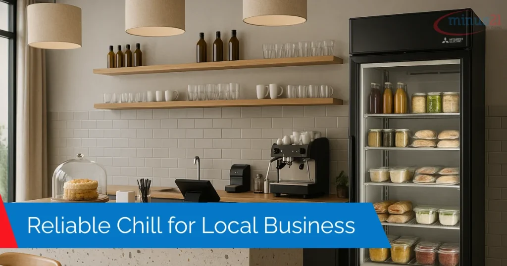 Commercial café with refrigerated display and counter setup for food and beverage service.