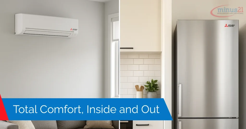 Indoor air conditioner and kitchen refrigerator installed for comfort and efficiency at home.
