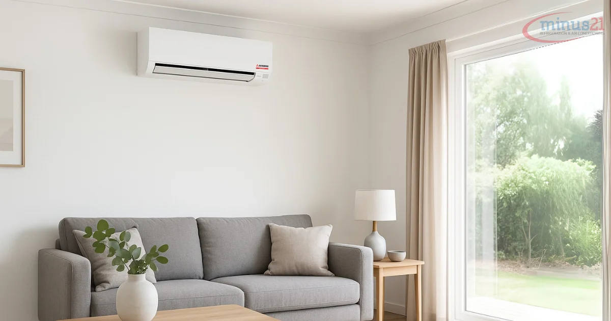 Modern living room with Mitsubishi wall-mounted air conditioner above a grey couch and table.