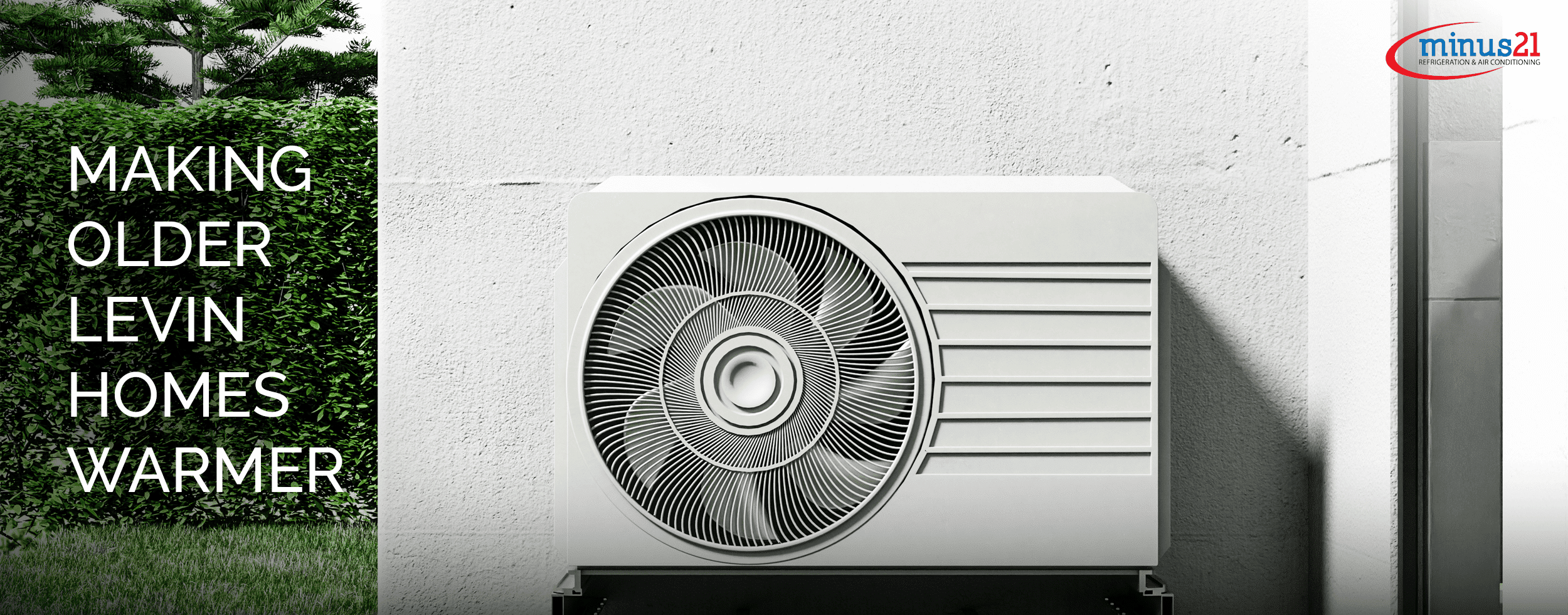 A modern heat pump unit cleanly installed on the wall of a classic, older Levin home, illustrating the perfect blend of retrofit technology and traditional architecture.