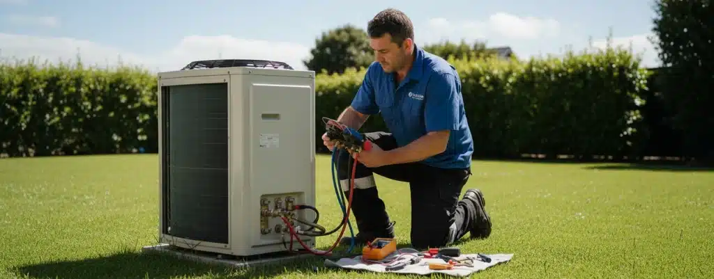 Air conditioning service and repair A technician is kneeling beside an air conditioning unit outside, using diagnostic tools to service and maintain the system, surrounded by essential tools and equipment.