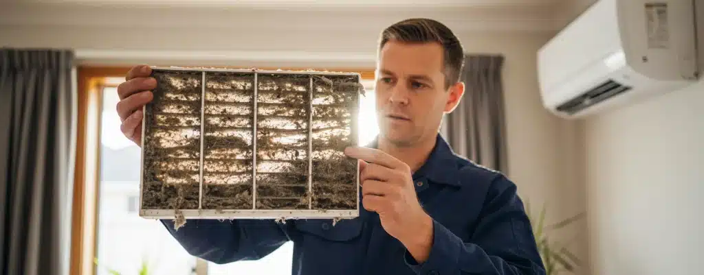 Dirty air conditioning filter A technician holds up a heavily dusted and dirty air conditioning filter, inspecting its condition for cleaning or replacement.